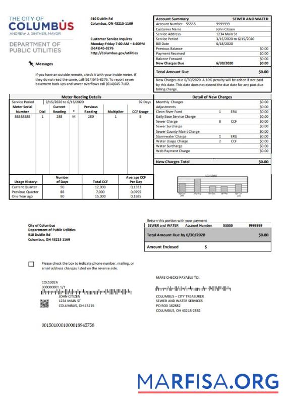 Blank USA Ohio City of Columbus utility bill template in Word and PDF format